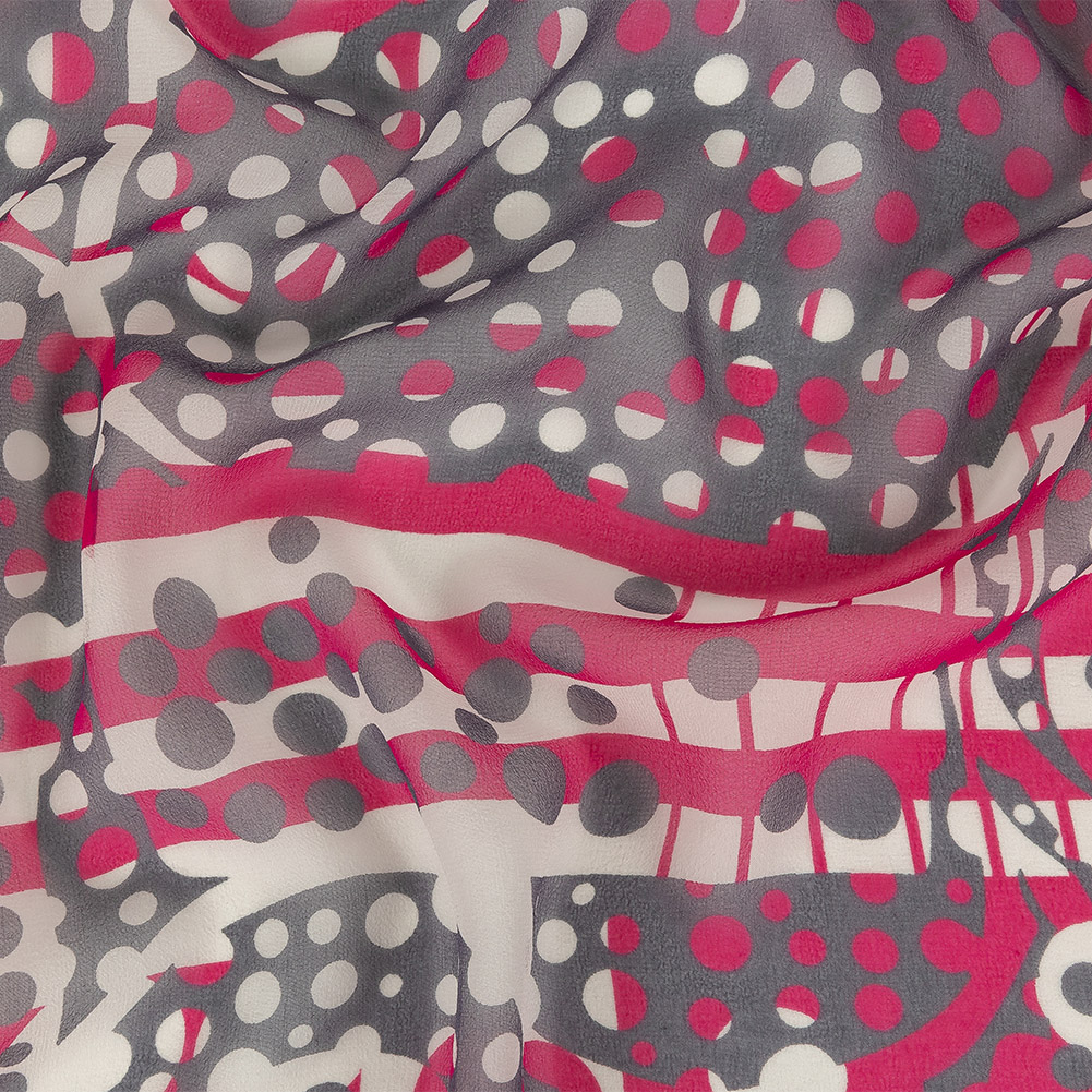 Fuchsia, Gray and White Circles and Stripes Silk Chiffon Fuchsia, Gray and White Circles and Stripes Silk Chiffon