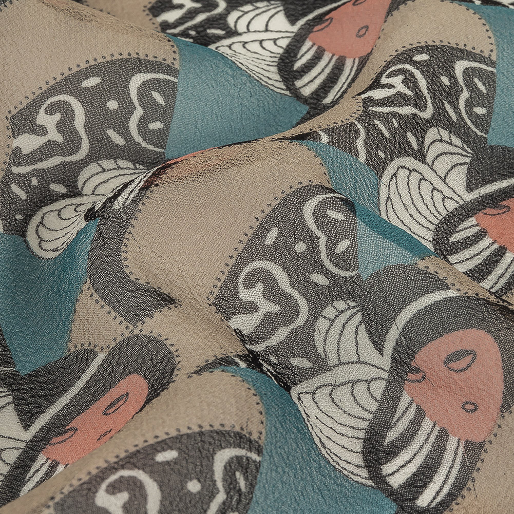 Blue, Peach and Beige Lady in Hat Silk Chiffon Blue, Peach and Beige Lady in Hat Silk Chiffon