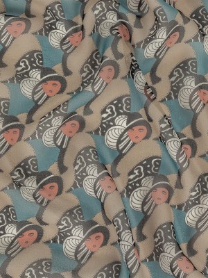 Blue, Peach and Beige Lady in Hat Silk Chiffon Blue, Peach and Beige Lady in Hat Silk Chiffon