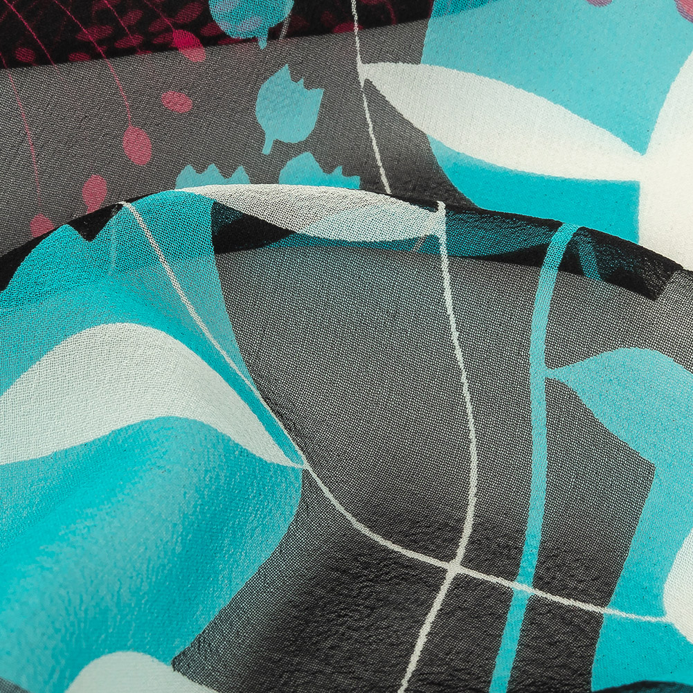 Turquoise, Black and Pink Tulips Silk Chiffon Turquoise, Black and Pink Tulips Silk Chiffon