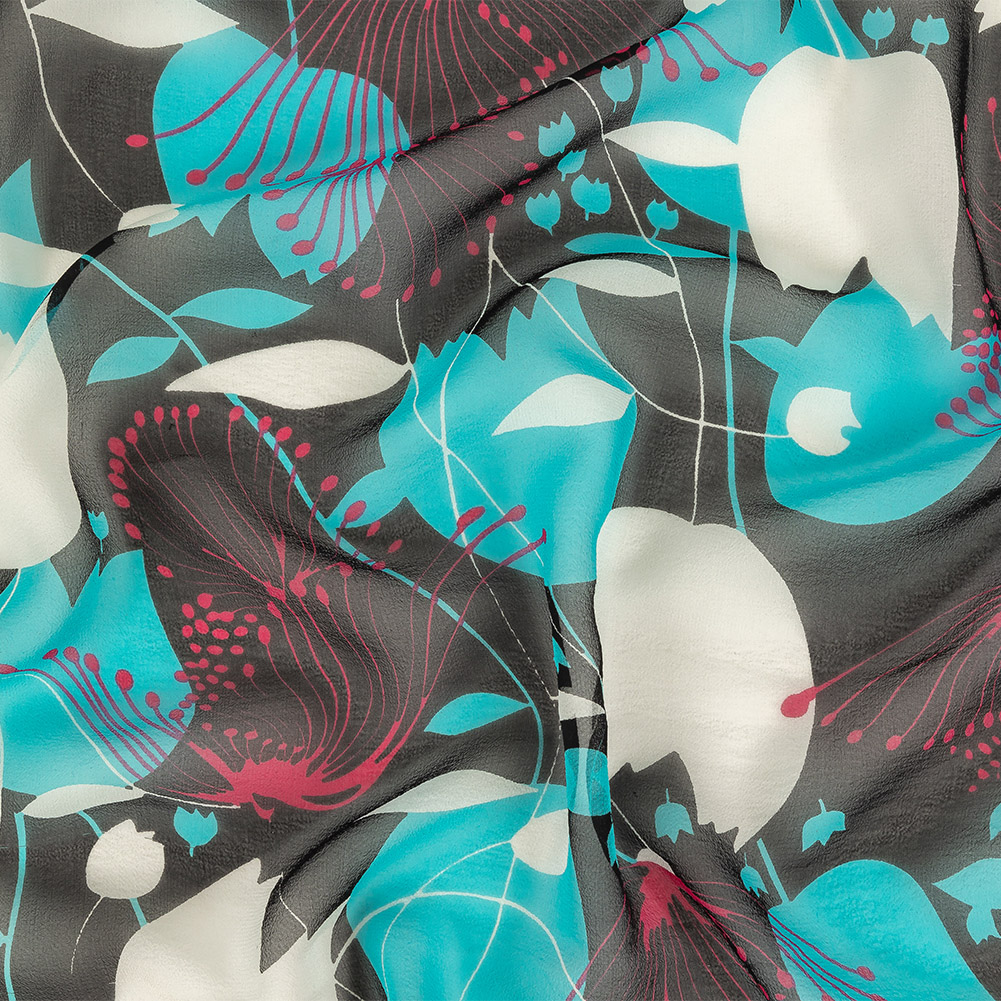 Turquoise, Black and Pink Tulips Silk Chiffon Turquoise, Black and Pink Tulips Silk Chiffon