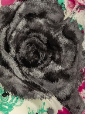 Pink, Electric Green and Flannel Gray Painterly Roses Silk Crepe de Chine Pink, Electric Green and Flannel Gray Painterly Roses Silk Crepe de Chine
