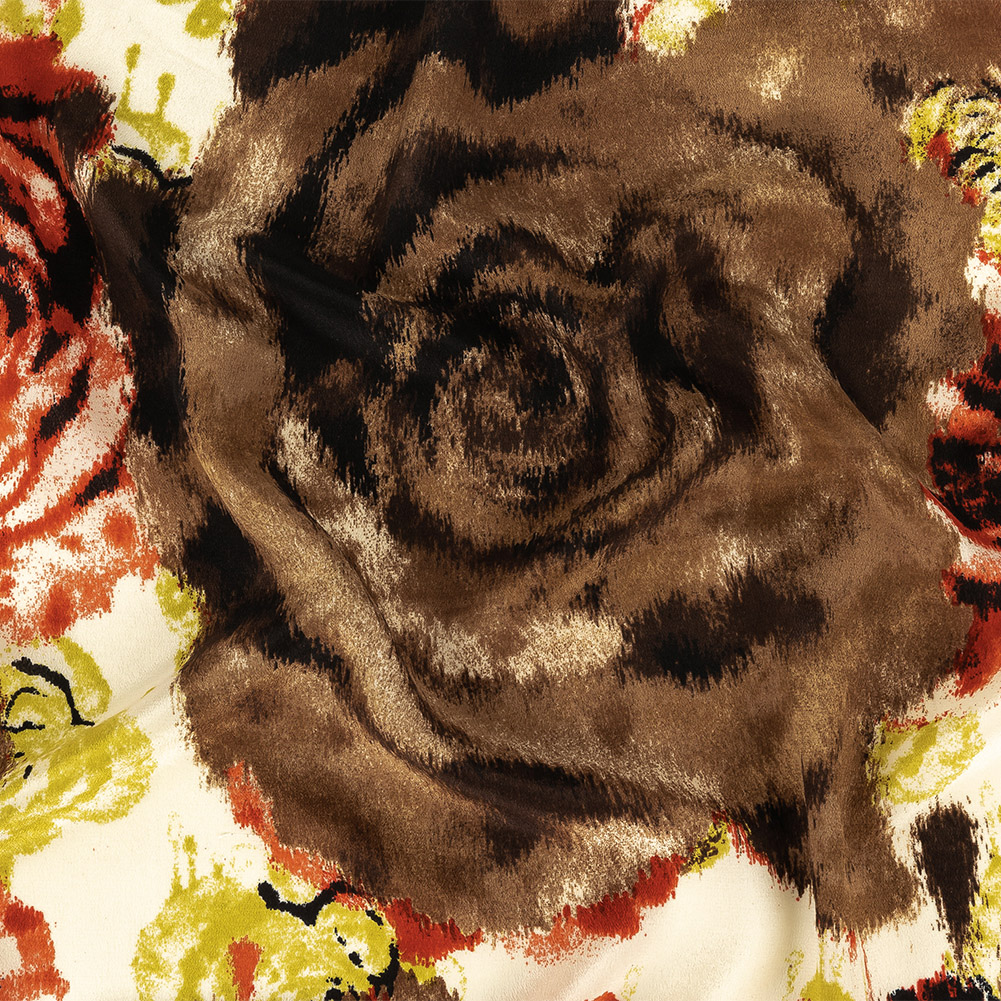 Red, Chartreuse and Brown Painterly Roses Silk Crepe de Chine Red, Chartreuse and Brown Painterly Roses Silk Crepe de Chine