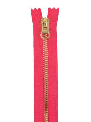 YKK Hot Pink Metal Closed Bottom Zipper with Gold Teeth – 11″ YKK Hot Pink Metal Closed Bottom Zipper with Gold Teeth – 11″