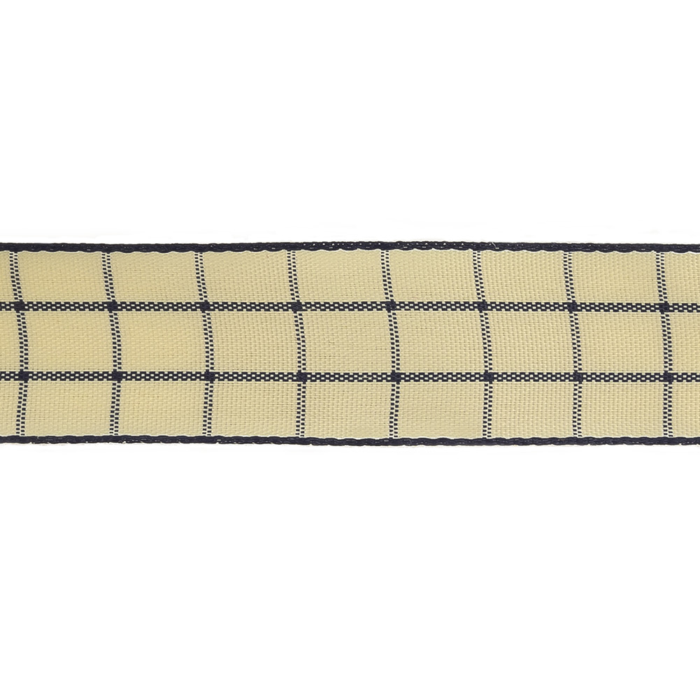 Navy and Ethereal Green Windowpane Check Woven Ribbon - 1"