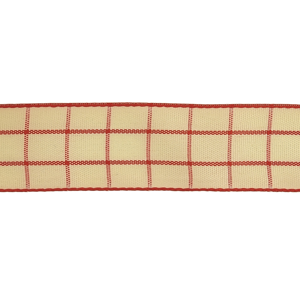 Pointsettia and Ethereal Green Windowpane Check Woven Ribbon - 1"