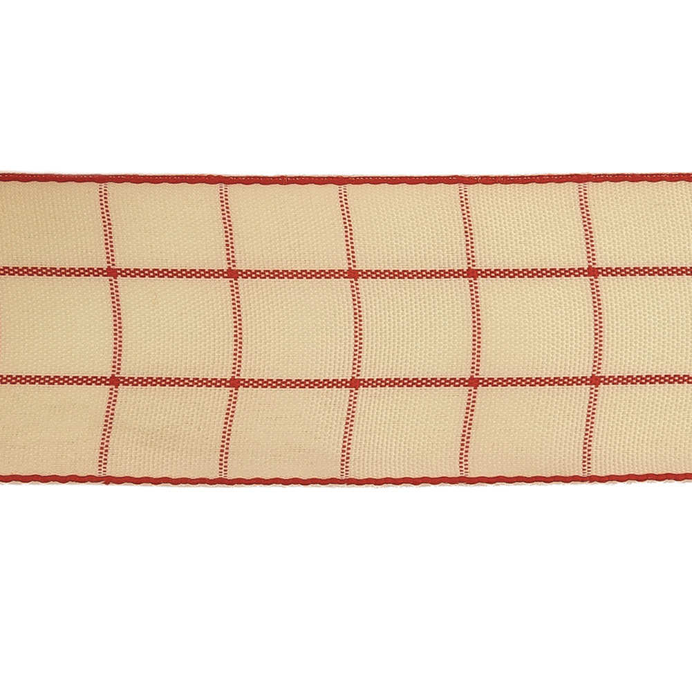 Pointsettia and Ethereal Green Windowpane Check Woven Ribbon - 1.5"