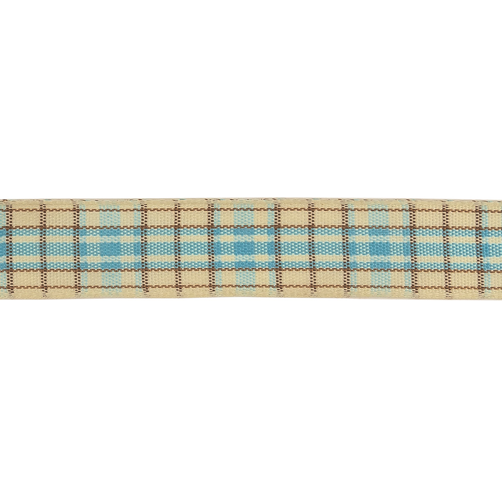 Sky Blue, Brown and Vanilla Ice Plaid Woven Ribbon - 0.625"
