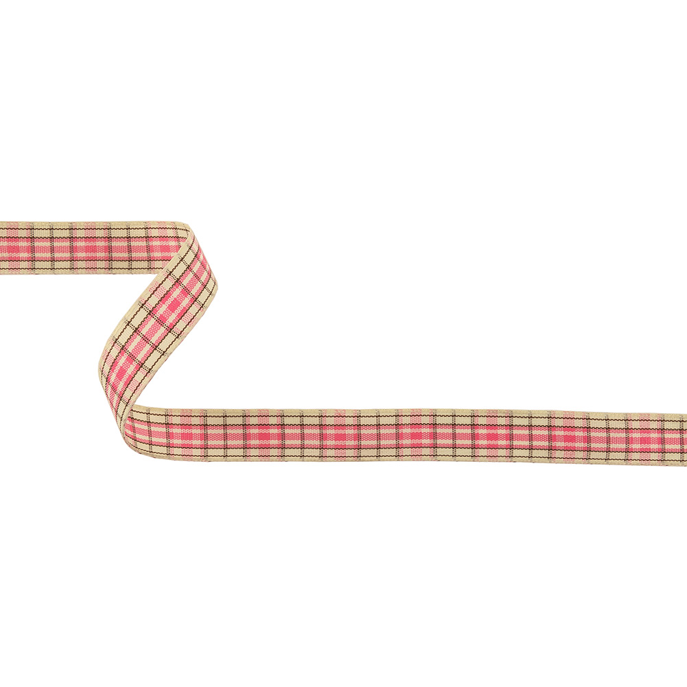 Bubblegum, Brown and Vanilla Ice Plaid Woven Ribbon – 0.625″ Bubblegum, Brown and Vanilla Ice Plaid Woven Ribbon – 0.625″