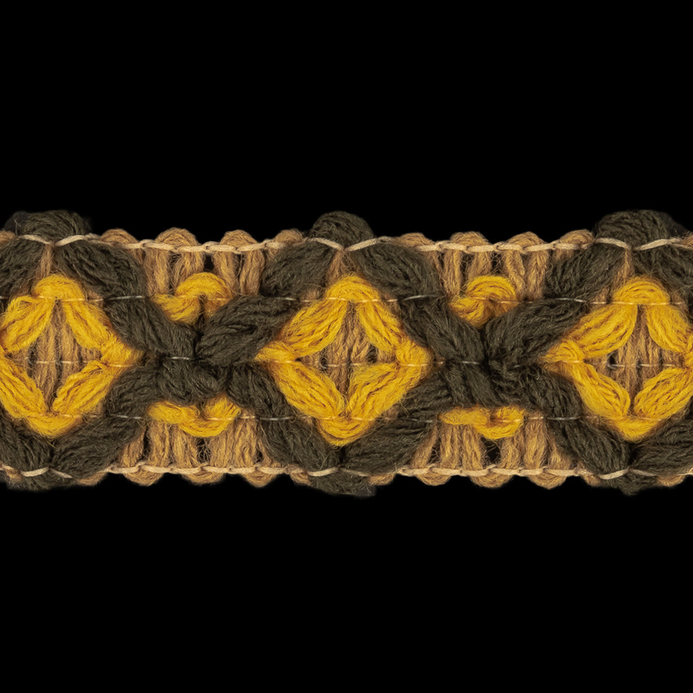 Beige, Mustard and Rifle Green Diamonds Embroidered Trim - 1"