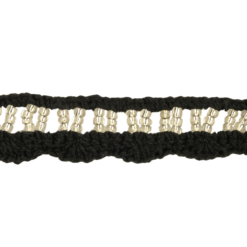 Black and Silver-Lined Beaded Cotton Crochet Lace - 0.75"