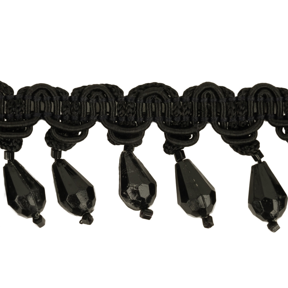 Black Braided Trim with Beaded Fringe - 1.25"