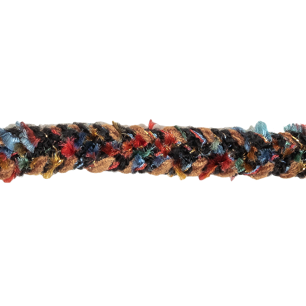 Tan, Black and Multicolor Chenille Braided Trim - 0.625"