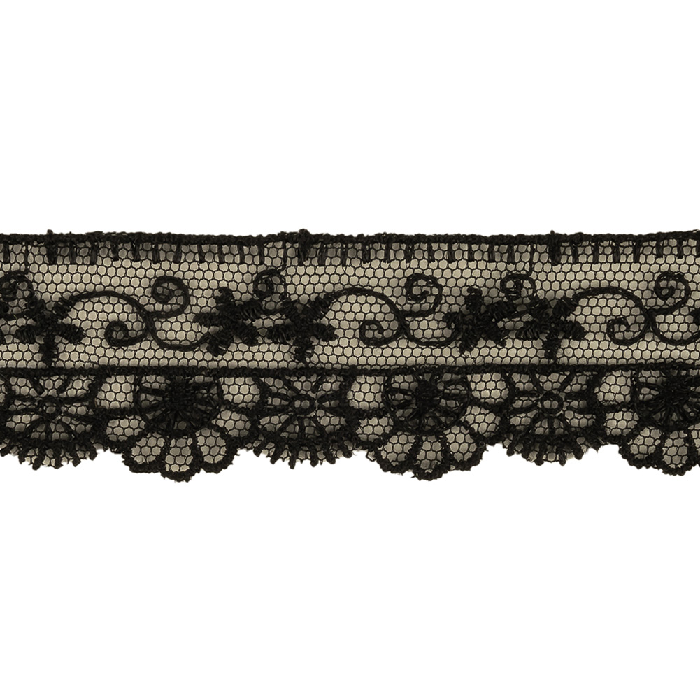Black Daisy Chains and Floral Scallops Embroidered Lace Trim – 1″ Black Daisy Chains and Floral Scallops Embroidered Lace Trim – 1″