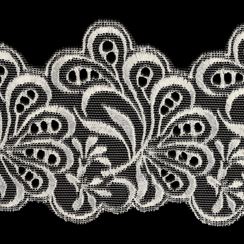 White Luminous Leafy Stems Embroidered and Eyelet Lace Trim - 3"