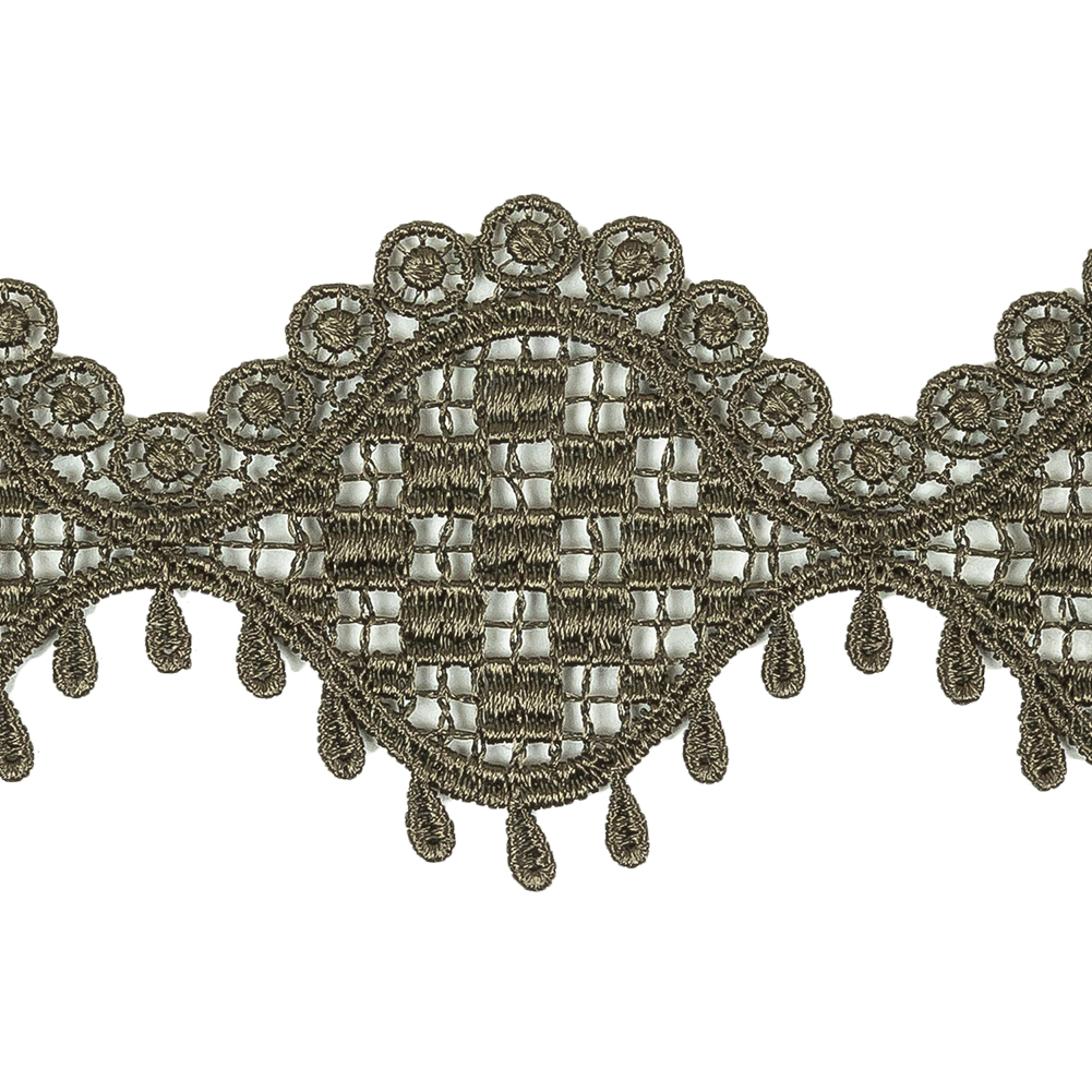 Olive Green Checks, Ogee, and Circles Venise Lace Trim with Teardrop Fringe - 2.125"