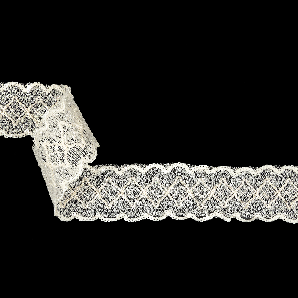 Iridescent Ivory Diamonds Embroidered and Sequined Lace Trim – 1.625″ Iridescent Ivory Diamonds Embroidered and Sequined Lace Trim – 1.625″