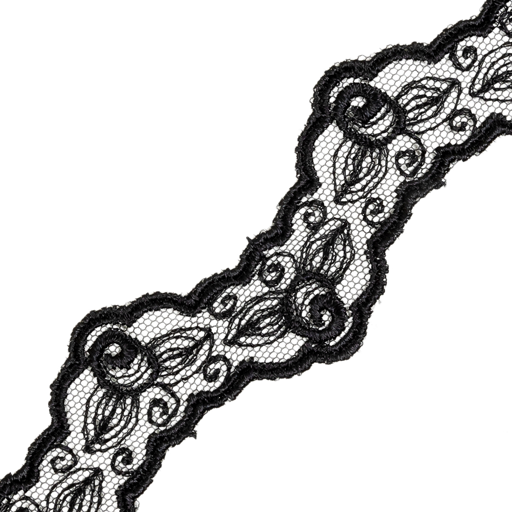 Black Roses Zig Zag Scalloped Embroidered Lace Trim - 1.5"