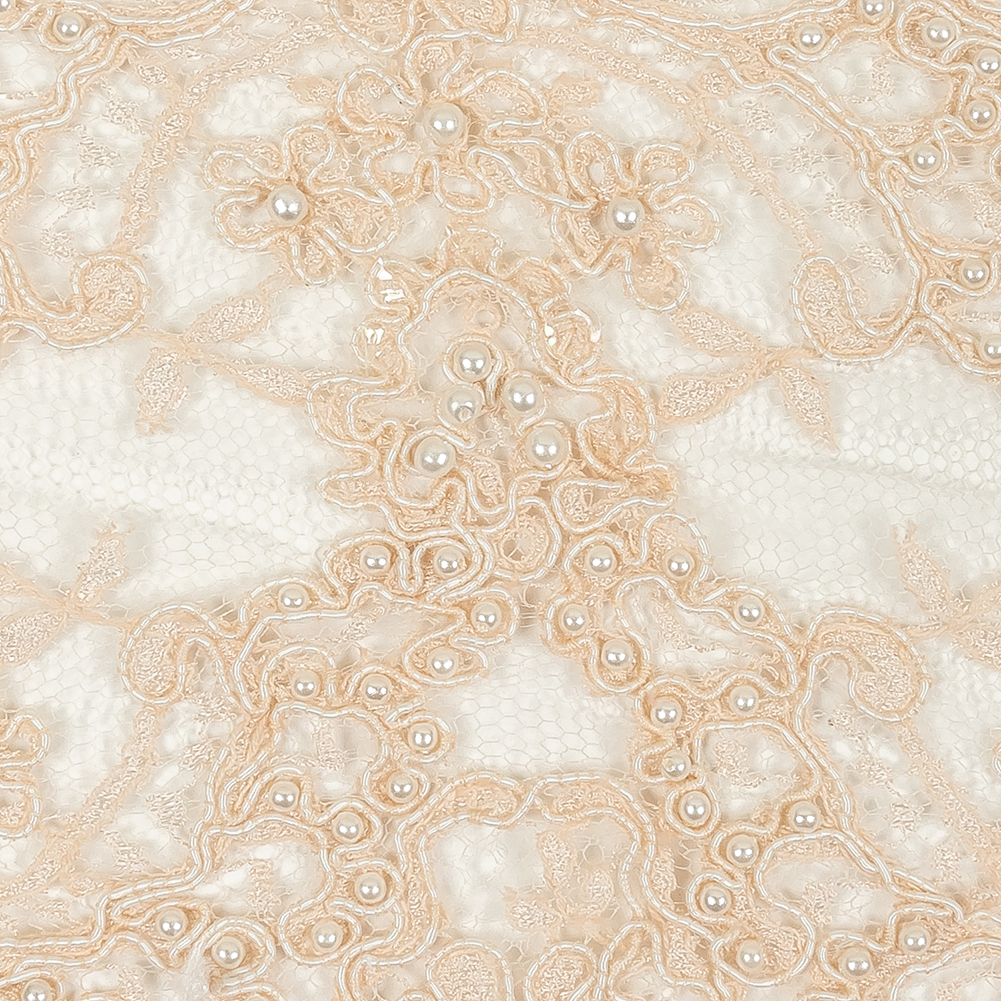 Pale Peach Beaded and Sequined Floral Corded Lace Trim with Eyelash Fringe - 8"