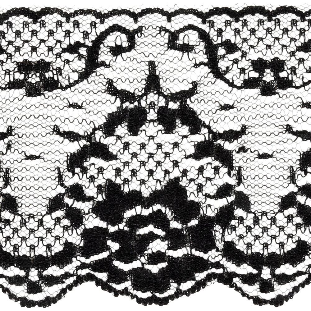 Black Floral Lace Trim with Scalloped Edges - 3.25"