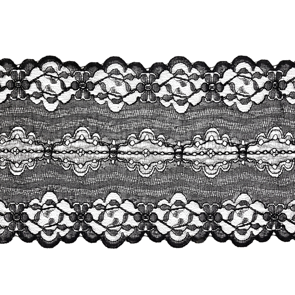 Black Floral and Abstract Re-Embroidered Lace Trim with Scalloped Edges – 5.25″ Black Floral and Abstract Re-Embroidered Lace Trim with Scalloped Edges – 5.25″