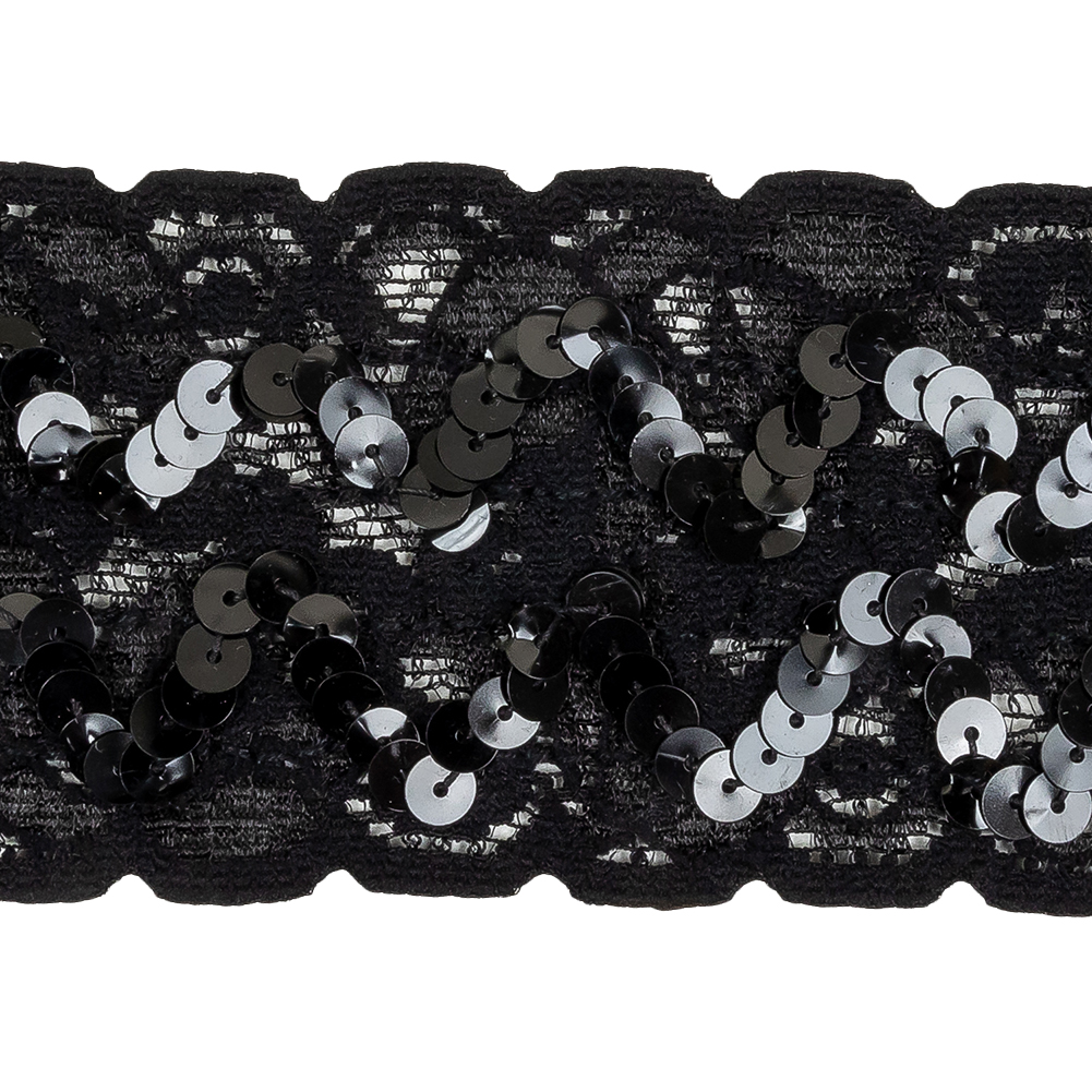 Black Sequined Zig Zags on Classical Lace Trim - 2.375"