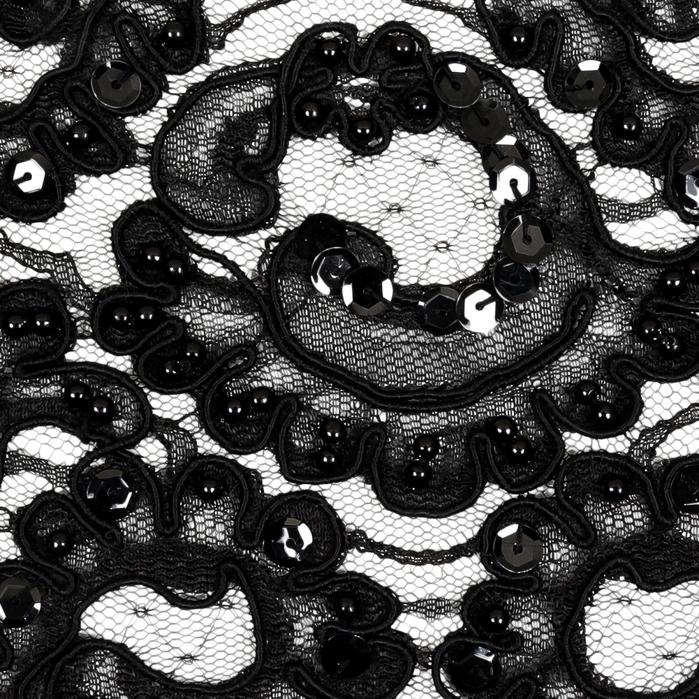 Black Abstract Beaded and Sequined Corded Lace Trim - 4.75"