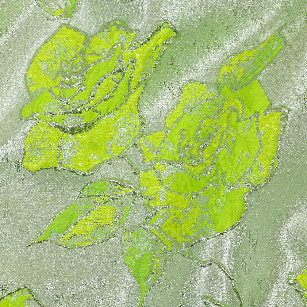 Neon Green, Neon Yellow and Metallic Silver Roses Luxury Brocade Neon Green, Neon Yellow and Metallic Silver Roses Luxury Brocade