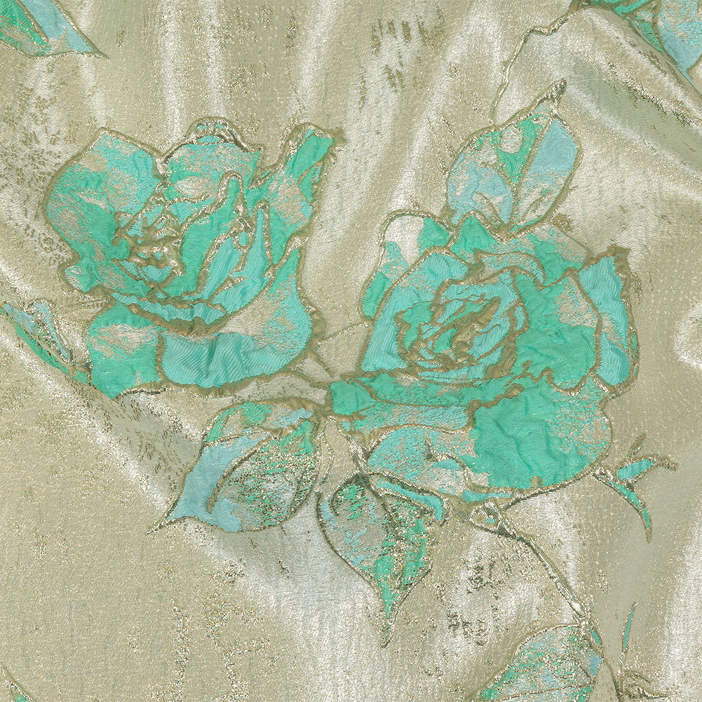 Bright Antigua Sand, Mint and Metallic Silver Roses Luxury Brocade Bright Antigua Sand, Mint and Metallic Silver Roses Luxury Brocade