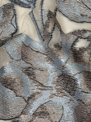 Metallic Silver, Black and Sky Blue Oversized Flowers Luxury Burnout Brocade Metallic Silver, Black and Sky Blue Oversized Flowers Luxury Burnout Brocade