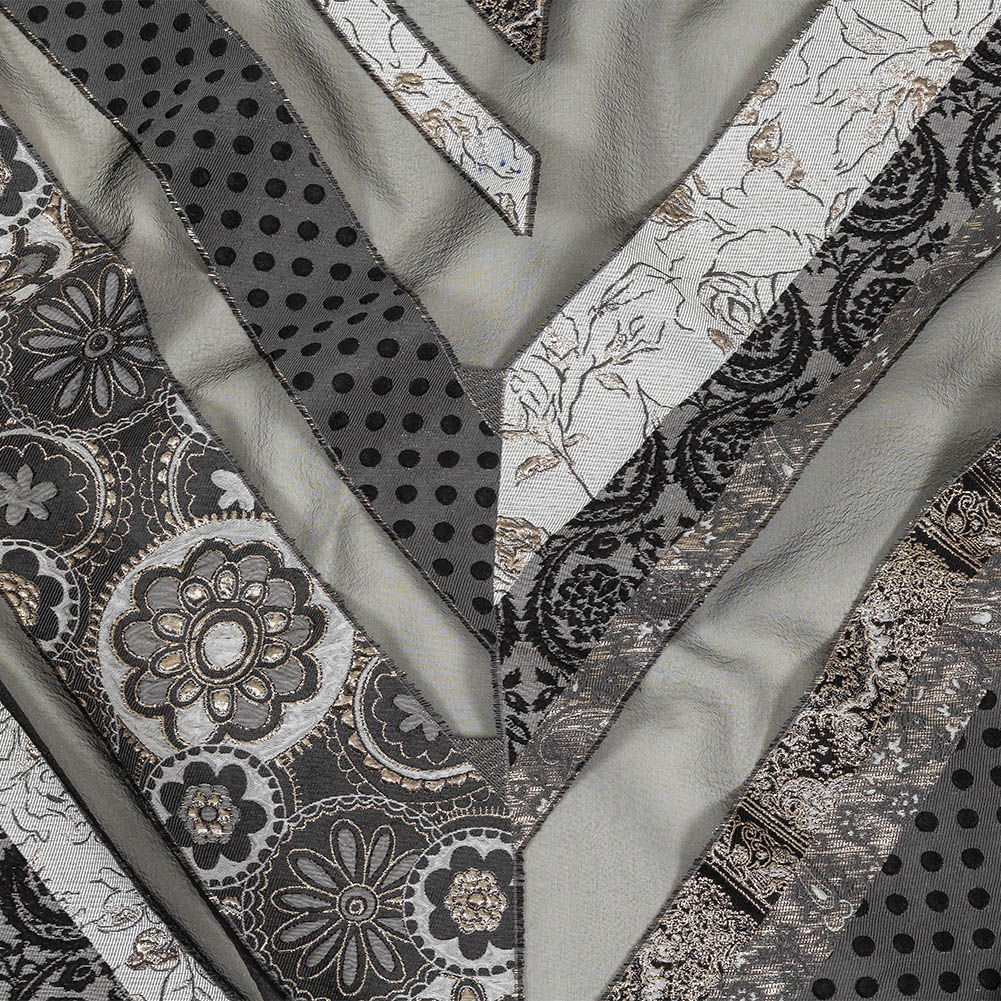 Metallic Silver, Black and Gray Patchwork Chevrons Luxury Organza Brocade Metallic Silver, Black and Gray Patchwork Chevrons Luxury Organza Brocade