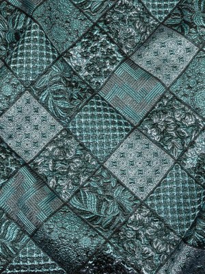 Metallic Turquoise, Powder Blue and Evergreen Patchwork Squares Luxury Brocade Metallic Turquoise, Powder Blue and Evergreen Patchwork Squares Luxury Brocade