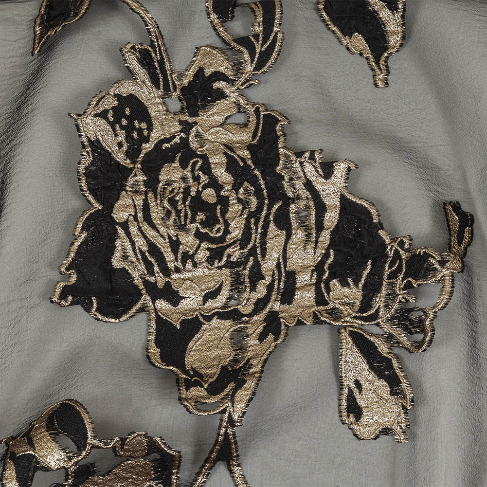 Metallic Gold and Black Roses Luxury Organza Burnout Brocade Metallic Gold and Black Roses Luxury Organza Burnout Brocade