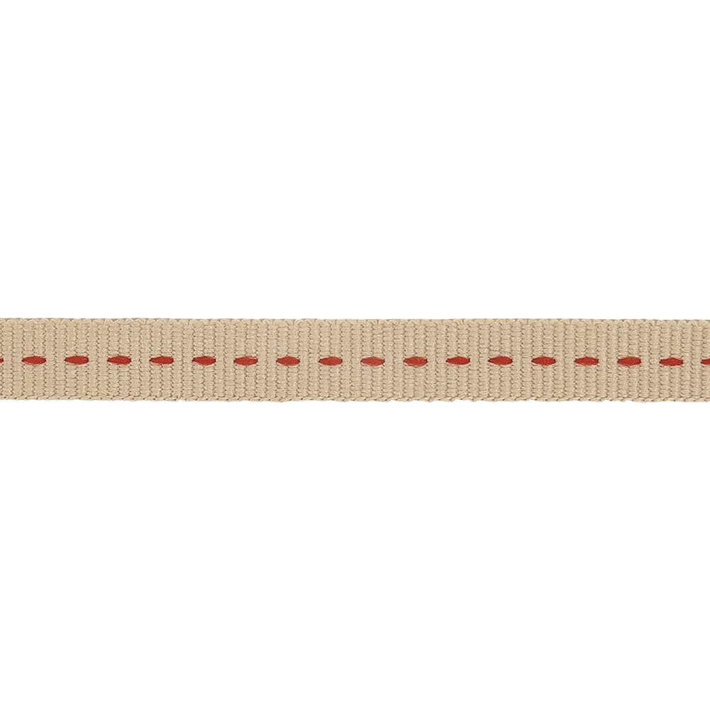 Tan Grosgrain Ribbon with Red Stitching Detail - 0.375"