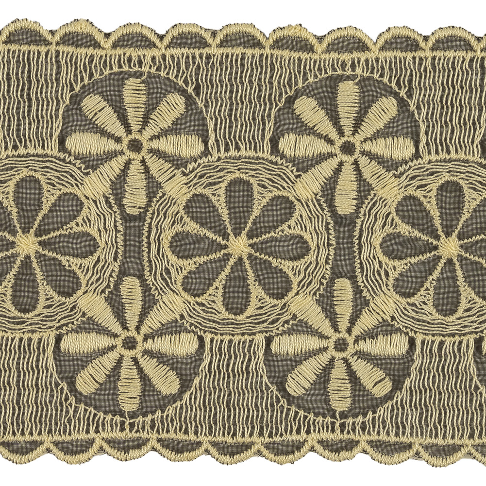 Pistachio Shell and Black Circles and Flowers Embroidered Mesh Lace Trim with Scalloped Borders - 4.25"