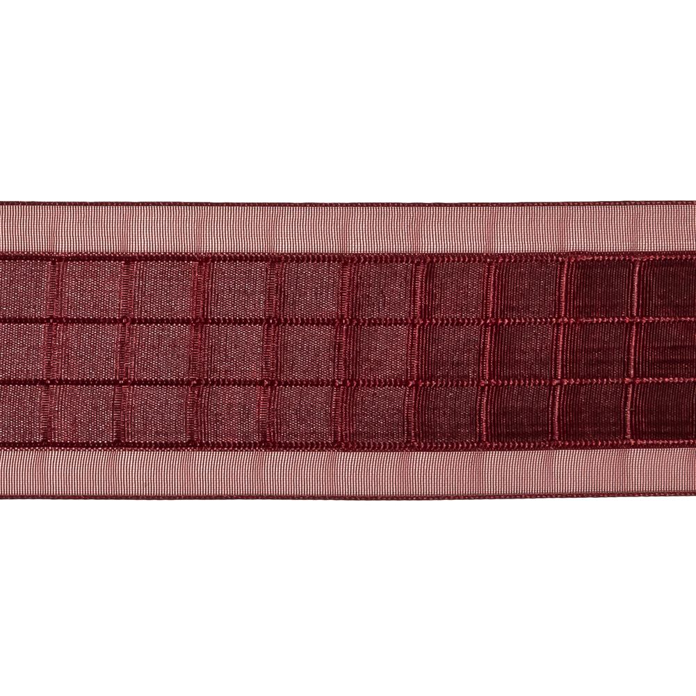 Wine Red Windowpane Checks and Sheer Borders Woven Ribbon - 1.5"