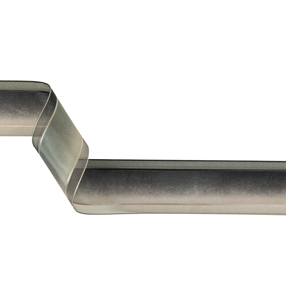 Black and Odyssey Gray Ombre Woven Ribbon with Sheer Organza Borders - 1.5"