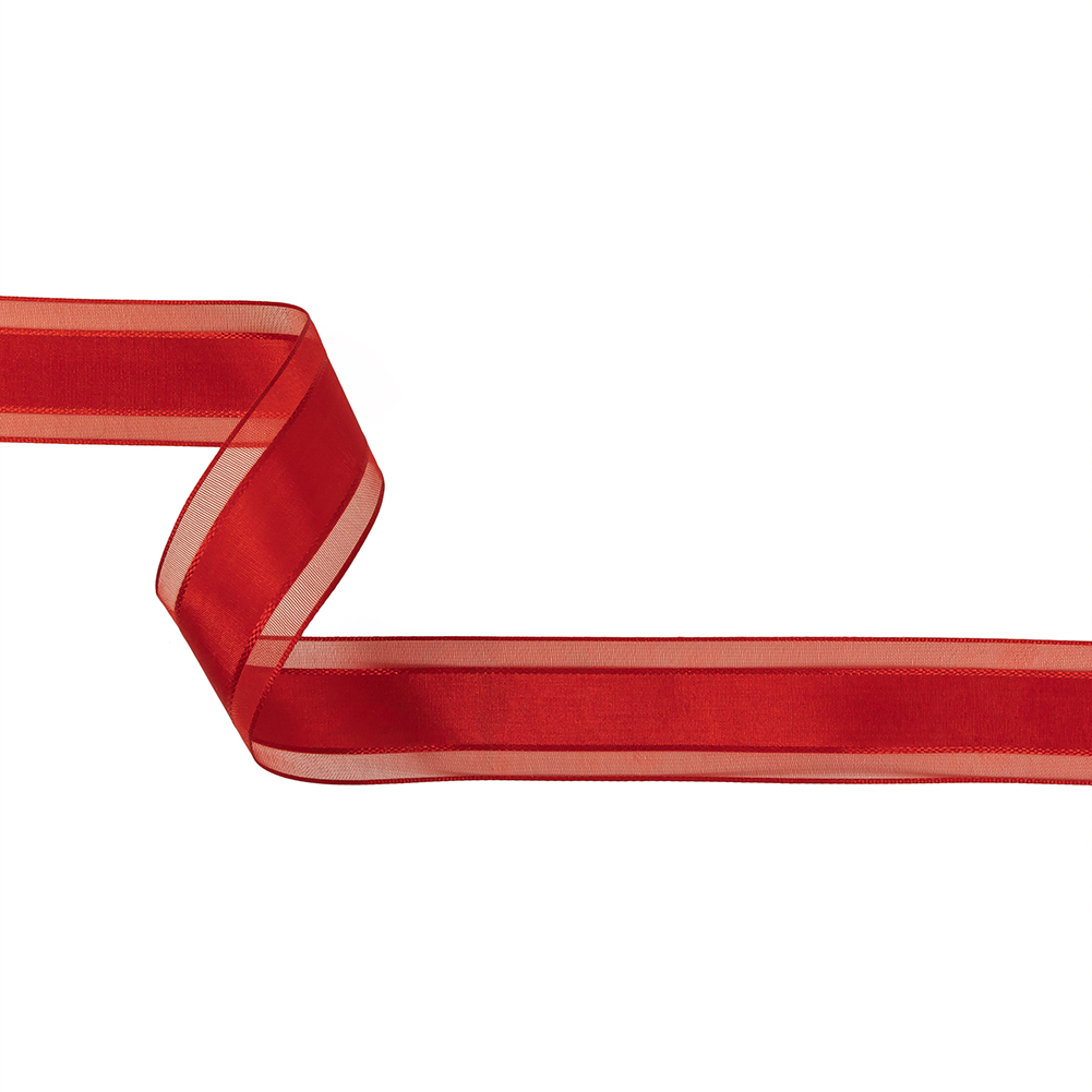 Red Woven Ribbon with Sheer Organza Borders – 1″ Red Woven Ribbon with Sheer Organza Borders – 1″