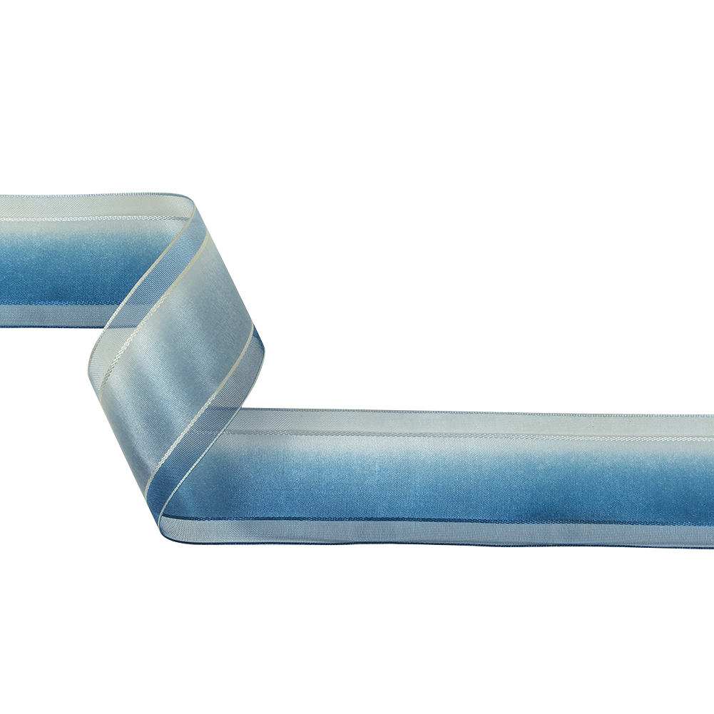 Ultramarine and Light Blue Ombre Woven Ribbon with Sheer Organza Borders – 1.5″ Ultramarine and Light Blue Ombre Woven Ribbon with Sheer Organza Borders – 1.5″