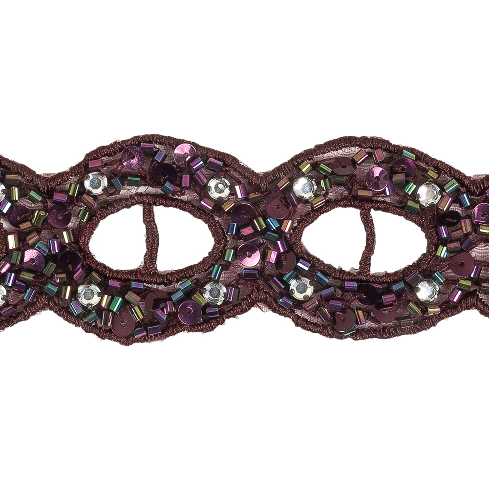 Blackberry Wine and Iridescent Rhinestones, Beads and Sequins Circles Embroidered Mesh Trim - 1.5"