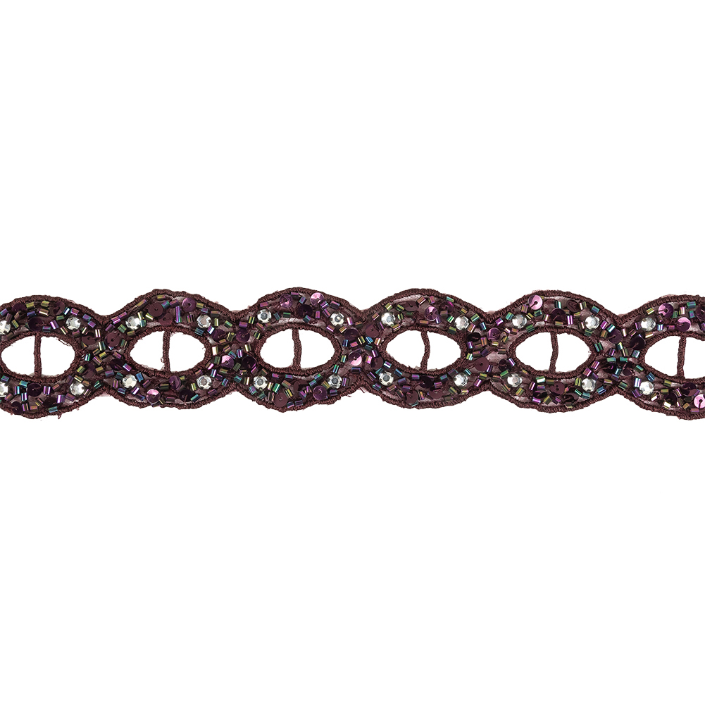 Blackberry Wine and Iridescent Rhinestones, Beads and Sequins Circles Embroidered Mesh Trim – 1.5″ Blackberry Wine and Iridescent Rhinestones, Beads and Sequins Circles Embroidered Mesh Trim – 1.5″