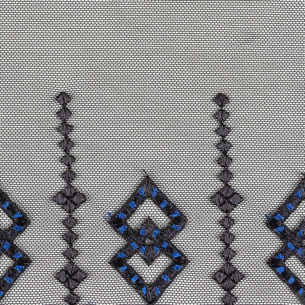 Black and Estate Blue Diamonds Embroidered Mesh Lace Trim with Finished Scalloped Edge and Ribbon Insertion - 8"