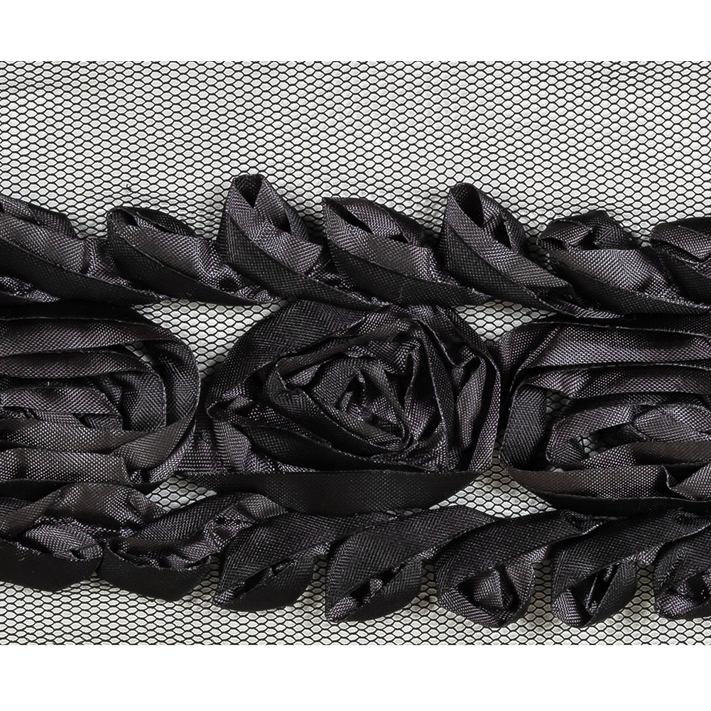 Shimmering Charcoal and Black Roses and Loops Fabric Embroidered Trim on Mesh - 1.875"