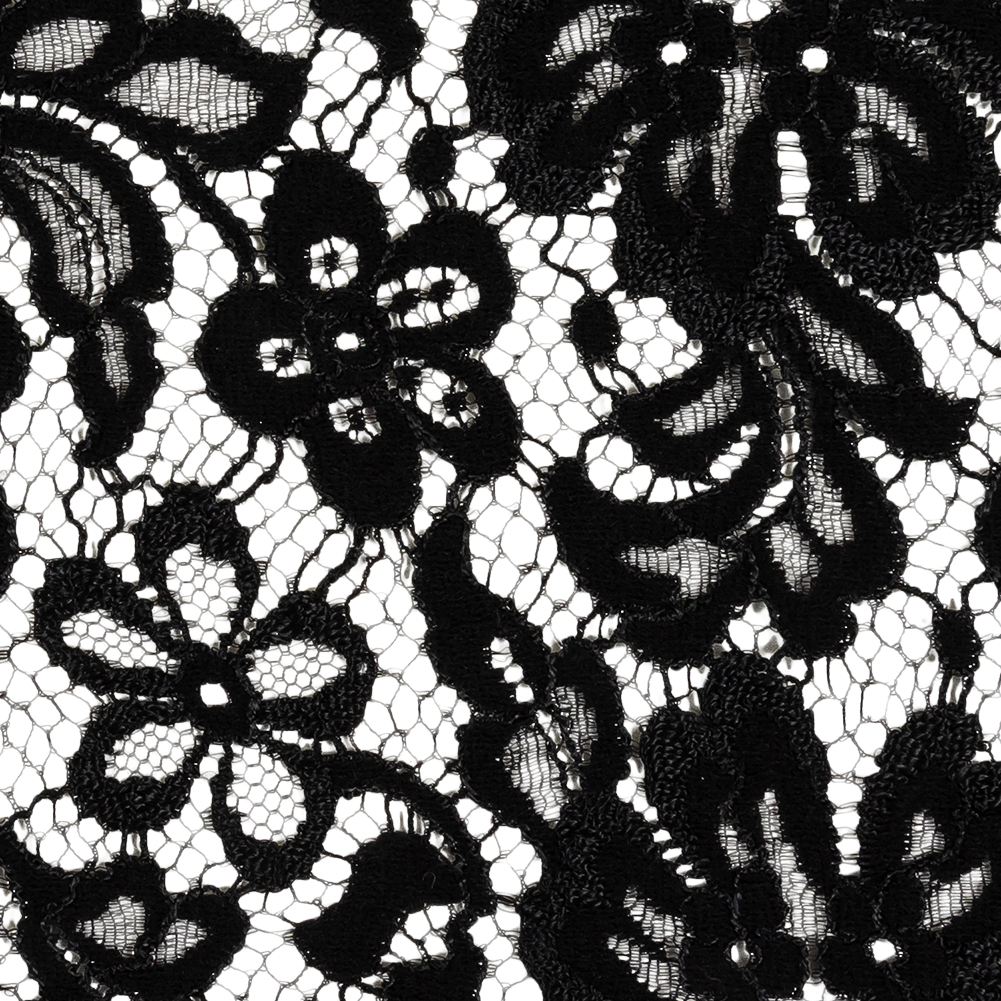 Black Floral Scalloped Lace Trim with Eyelash Fringe - 9.5"