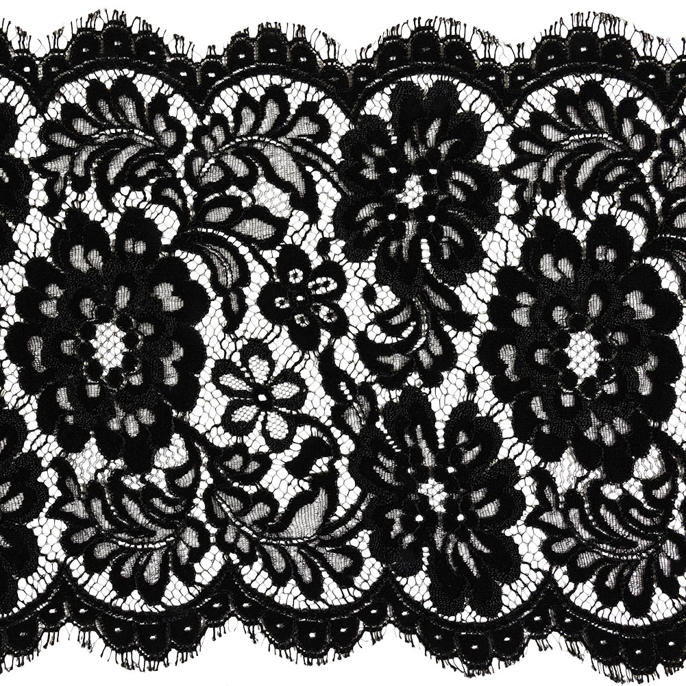 Black Floral Scalloped Lace Trim with Eyelash Fringe – 9.5″ Black Floral Scalloped Lace Trim with Eyelash Fringe – 9.5″