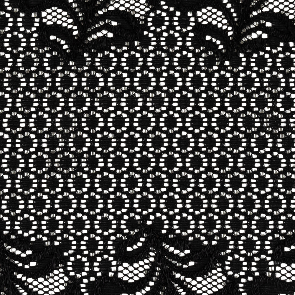 Black Circles and Leaves Stretch Lace Trim with Scalloped Edges - 9.5"