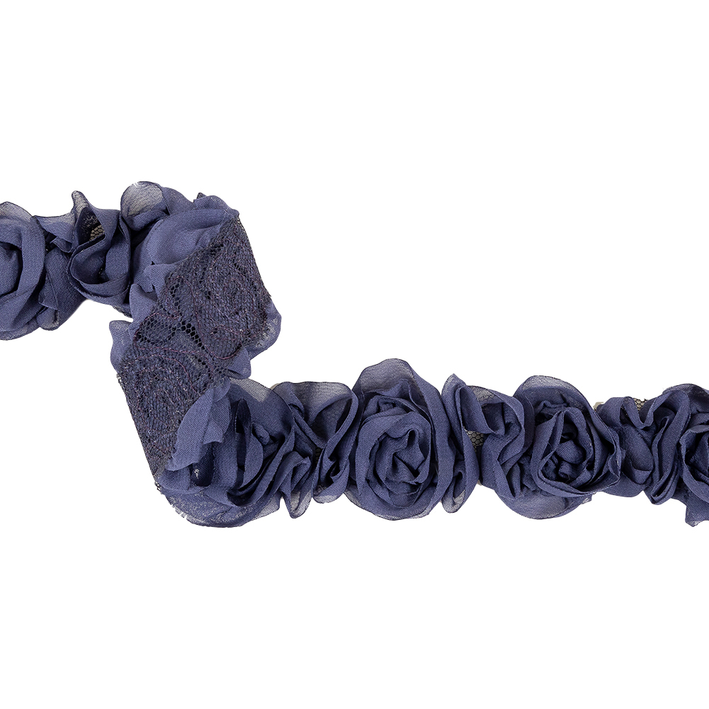 Dusk Blue Chiffon Roses on Mesh Trim – 2″ Dusk Blue Chiffon Roses on Mesh Trim – 2″