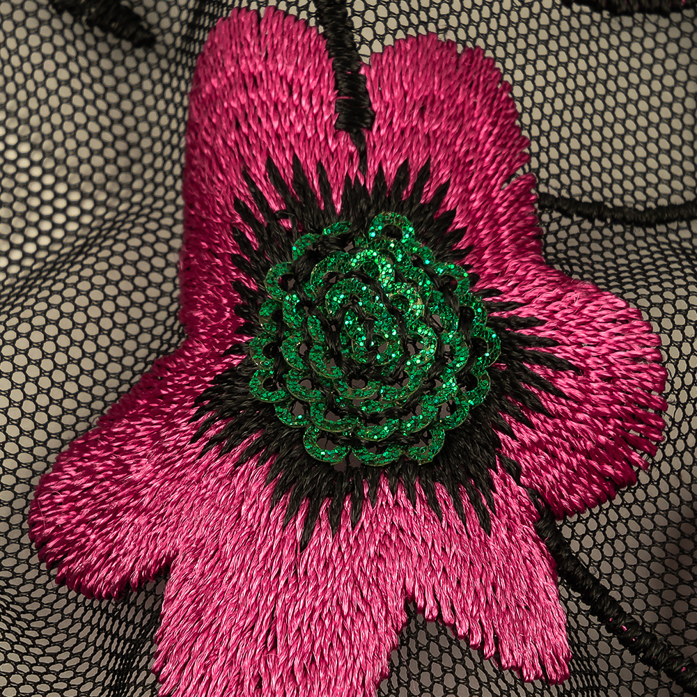 Pink, Emerald and Black Embroidered and Sequined Floral Polyester Mesh