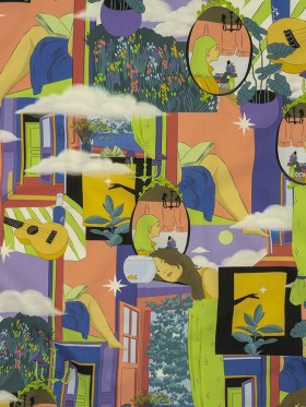 Stretch Cotton Poplin Print – Purple and Lime Relaxing Vignettes – Mood Exclusive Unplugged Stretch Cotton Poplin Print – Purple and Lime Relaxing Vignettes – Mood Exclusive Unplugged