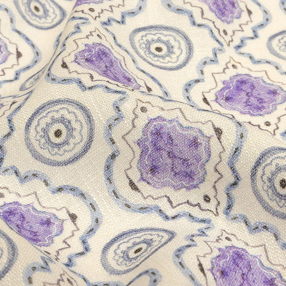 Viscose and Linen Woven Print - Blue and Purple Tiles - Mood Exclusive Alhambra